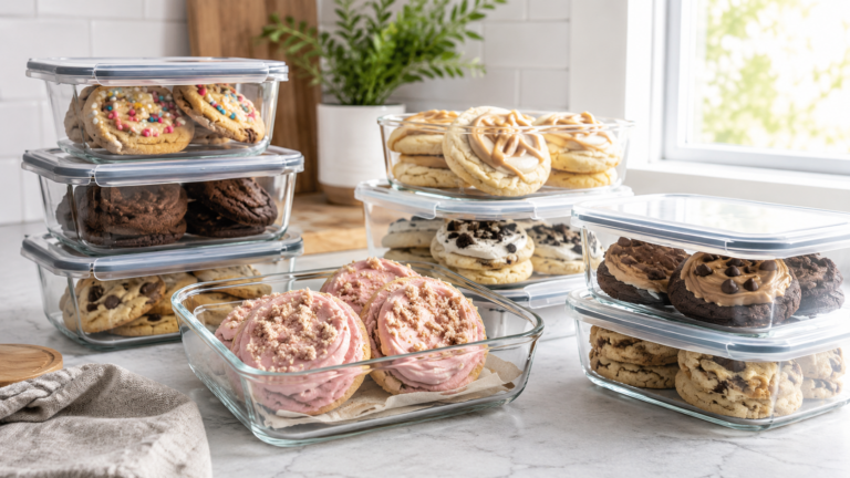 Assorted Crumbl Cookies arranged in freezer-safe containers ready for long-term storage